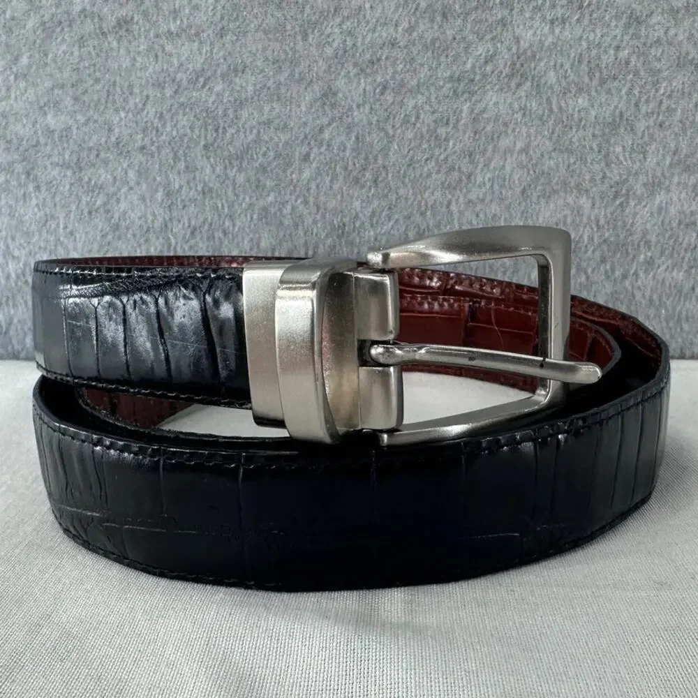 Brighton Men's 44 Reverisble Croco Leather Belt Tan & Black Silver Toned Buckle